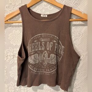 Garage Vintage Motorcycle Graphic Ribbed Cropped Tank Top Brown baby tee